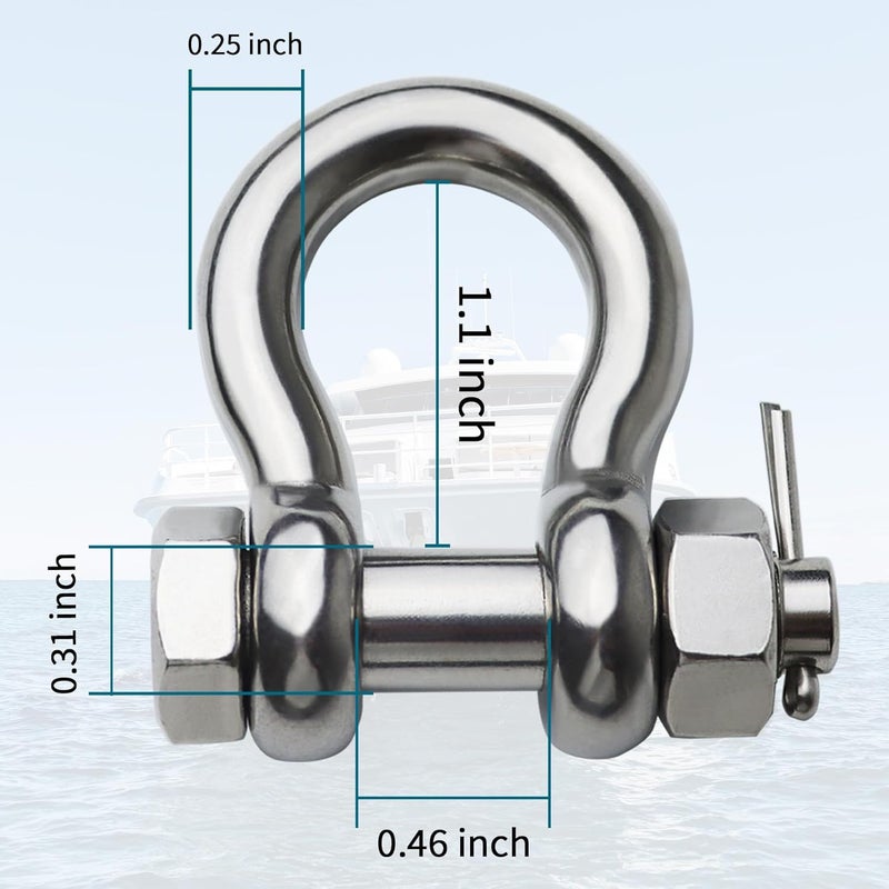 MEMUME Store Stainless Steel D Ring Shackles 1/4" 5/16" 3/8" 1/2 inch 316 SS Heavy Duty Boat Anchor Shackle Marine Grade Bow Shackles with Cotter Pins - Image 5
